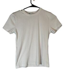 Zara White Ribbed Textured Crew Neck Short Sleeve Dressy Blouse Women Sz M